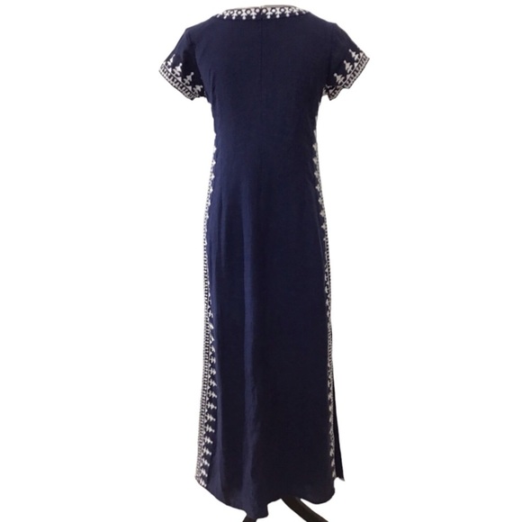Sulu Collection Boho Navy Blue Embroidered Linen Lined Maxi Dress Size 2 - Picture 2 of 7